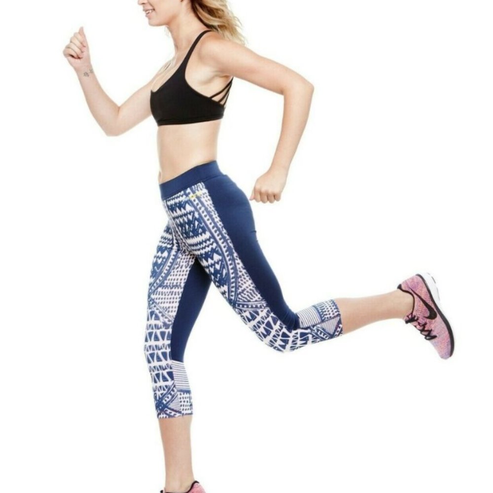 Janji Body Map Run for Kenya Capris Leggings, Blue & White, Size S
